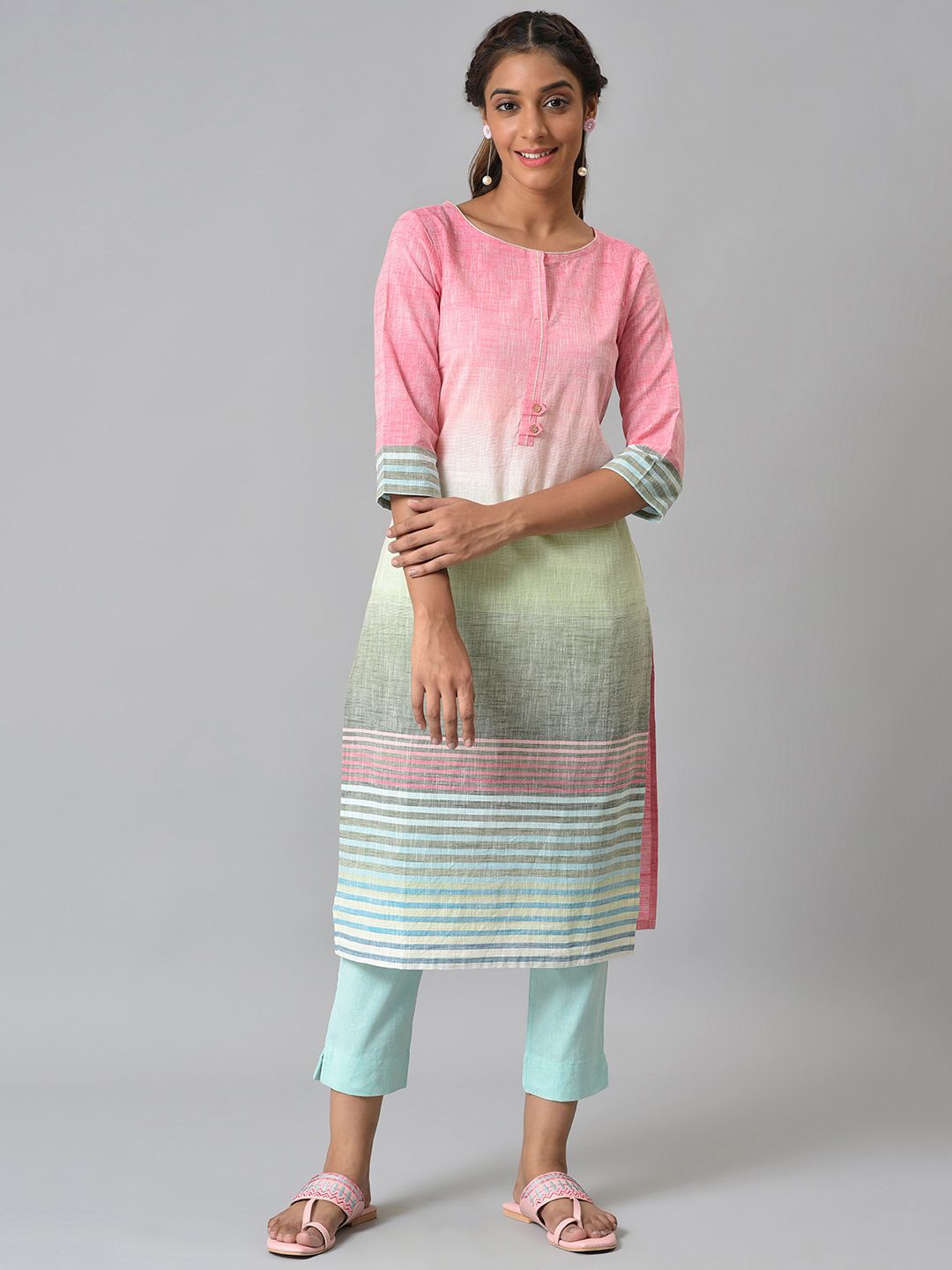 AURELIA Women Pink & Blue Colourblocked Gotta Patti Kurta