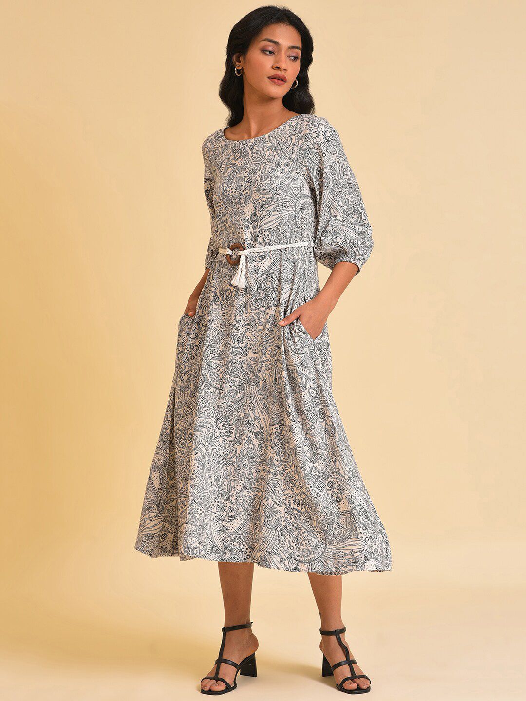 W White Ethnic Motif Printed A-Line Midi Dress With Belt