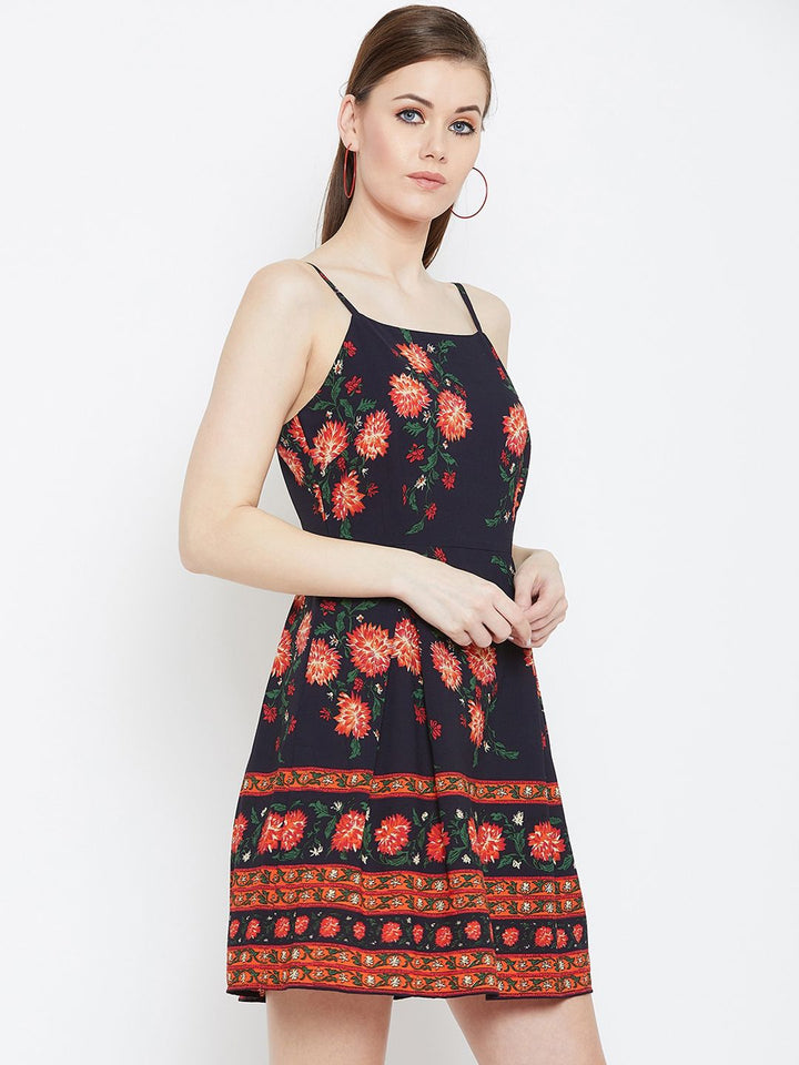 Berrylush Women Navy Blue & Orange Floral Printed Fit and Flare Dress
