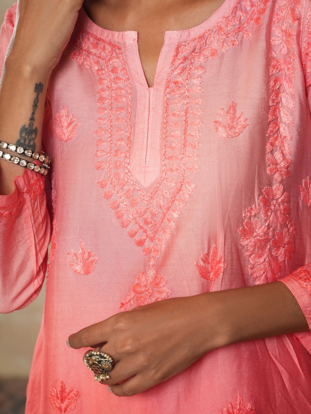 House of Chikankari Women Peach Chanderi Chikankari Embroidered Kurti