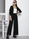 SASSAFRAS Women Black Solid Hooded Jacket with Track Pants