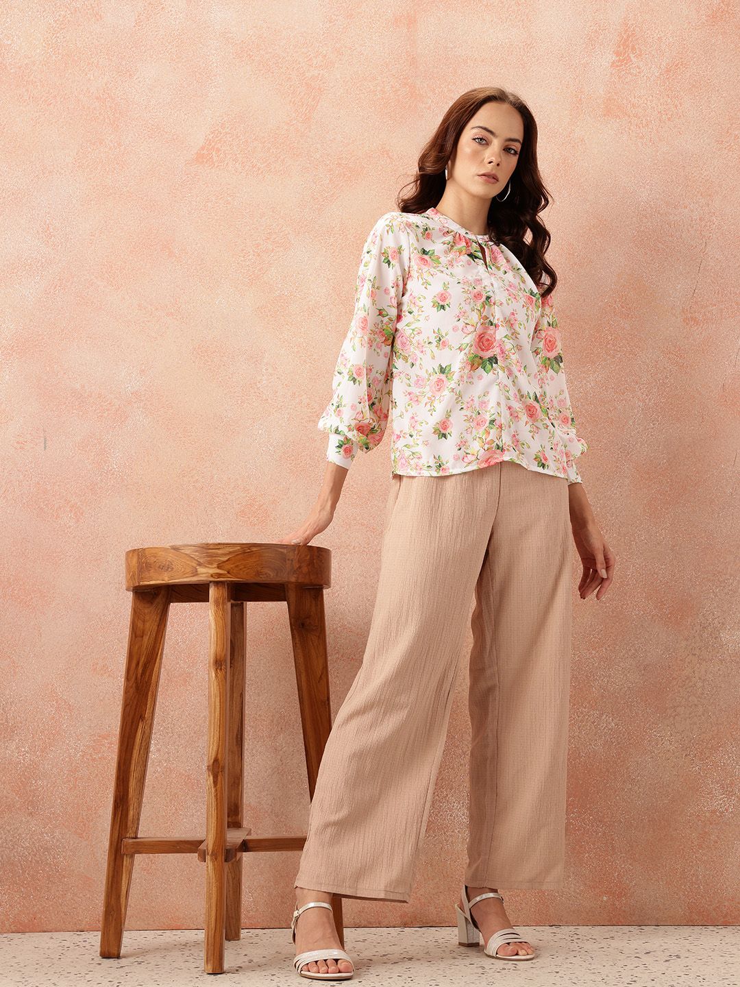 all about you Floral Print Keyhole Neck Puff Sleeves Georgette Semi-Sheer Top