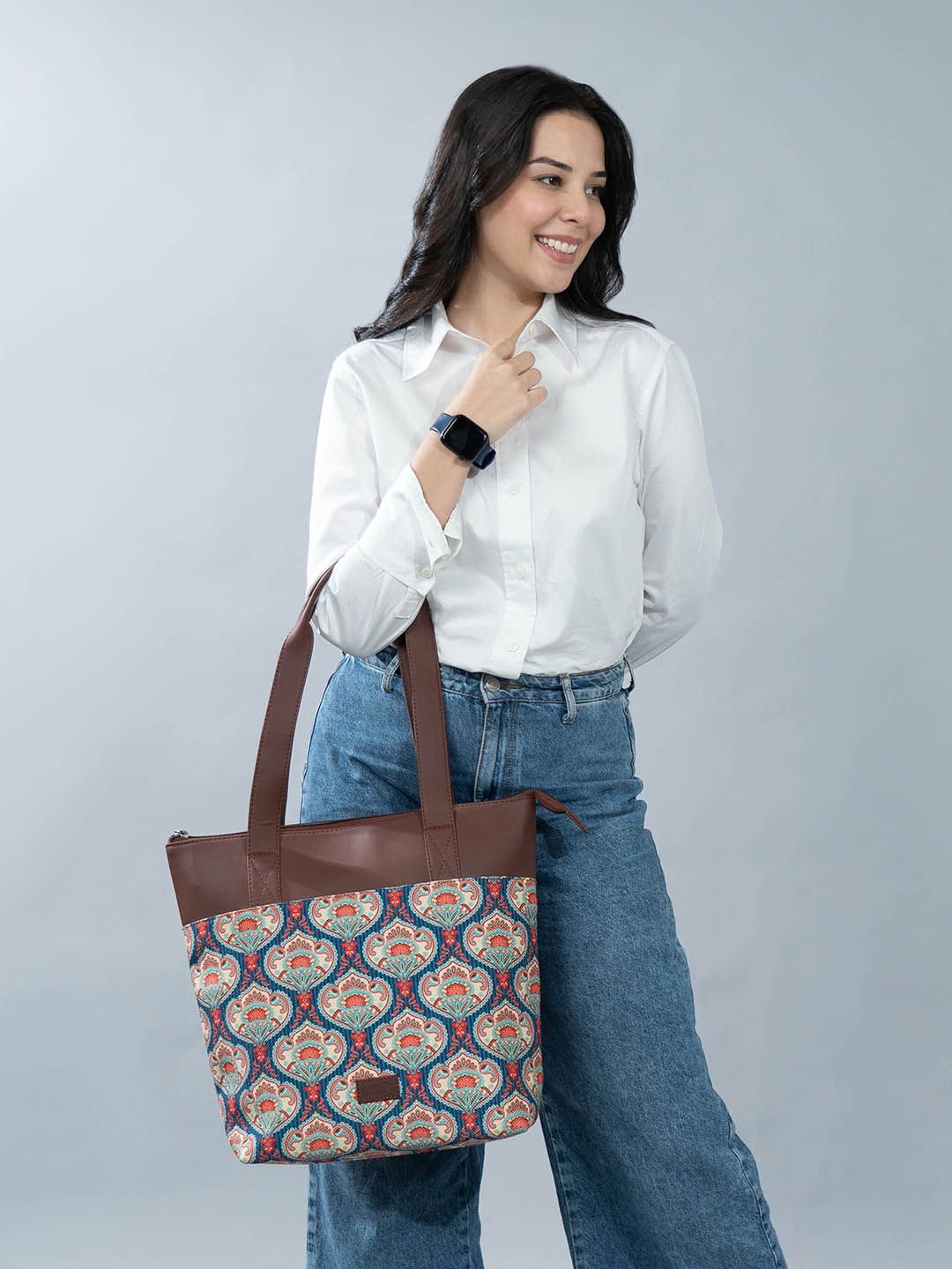 ZOUK Ethnic Printed Structured Jute Tote Bag