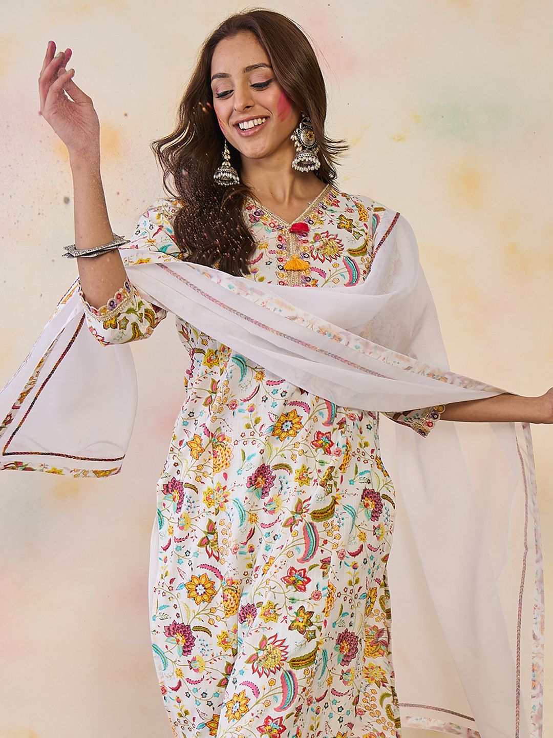 Indo Era Floral Printed Sequinned Pure Cotton Kurta With Trousers & Dupatta