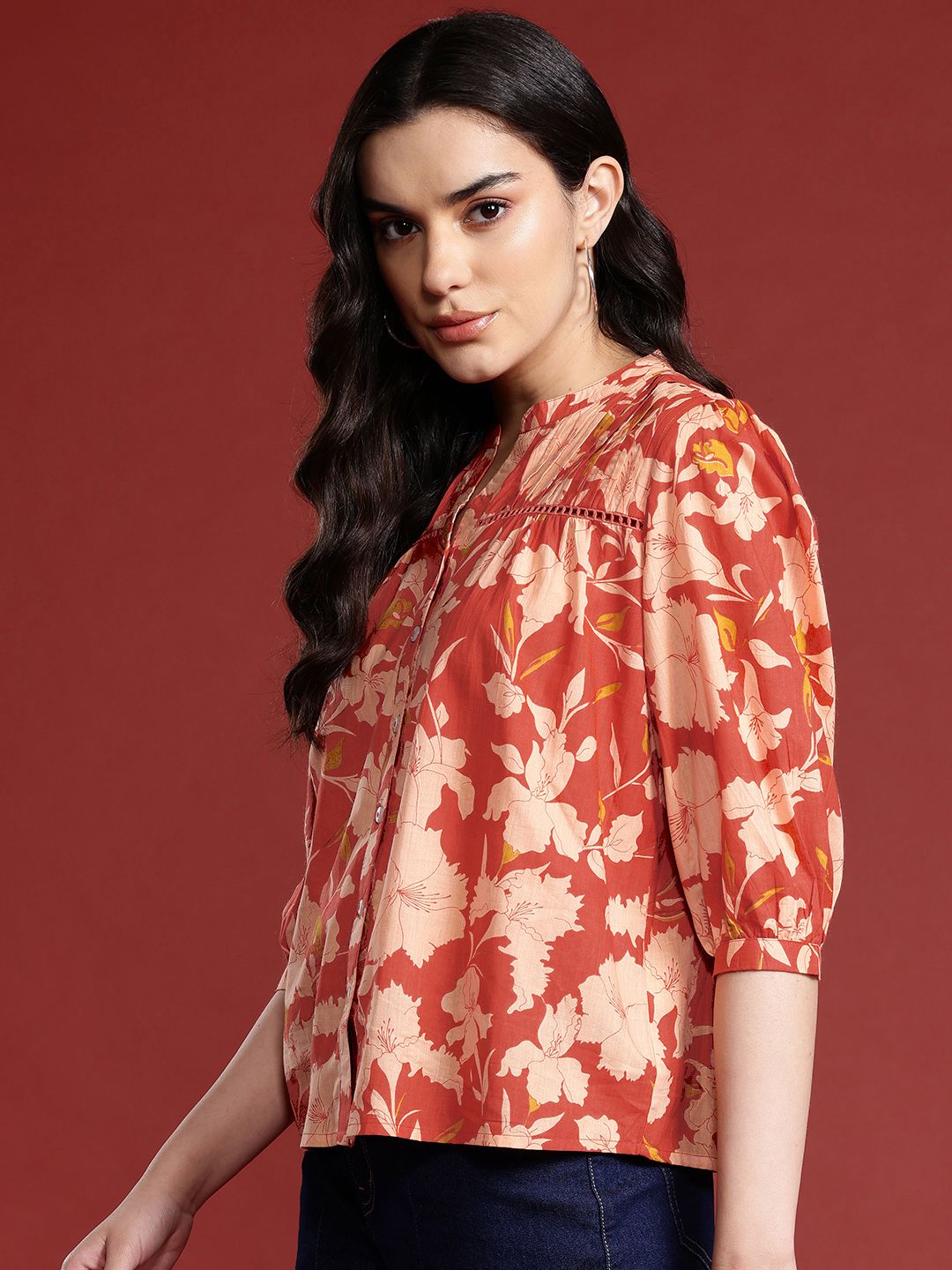 all about you Floral Print Mandarin Collar Puff Sleeves Pure Cotton Shirt Style Top