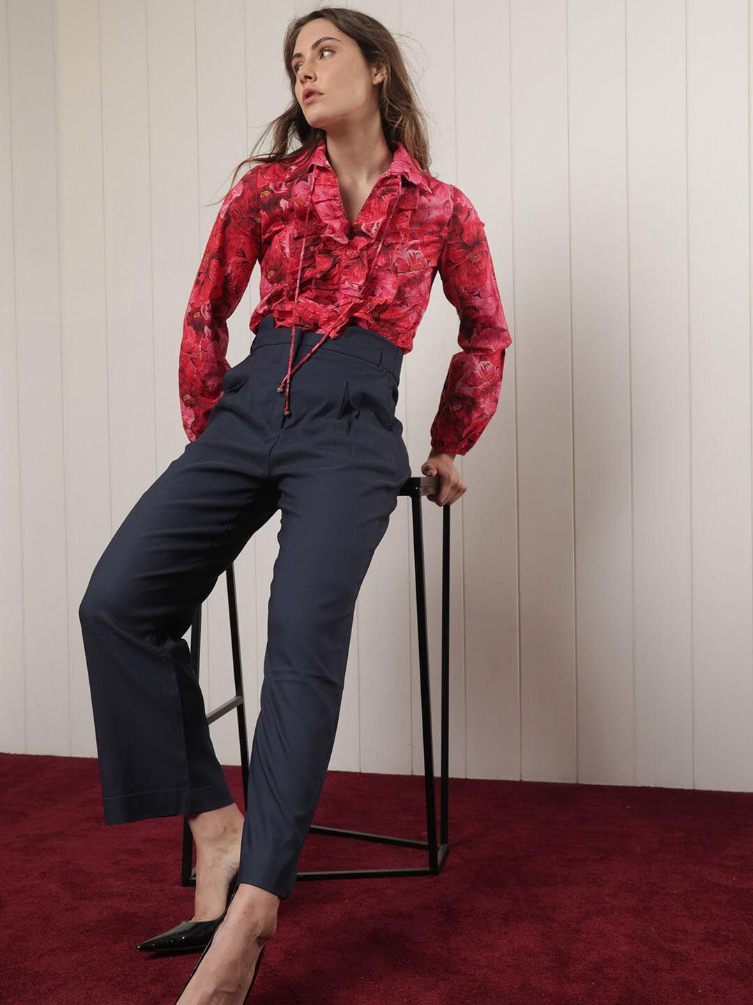 RAREISM Floral Printed Ruffled Cuff Sleeves Tie-Up Neck Cotton Top