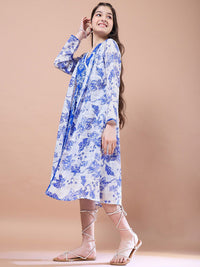 pspeaches Girls Floral Print V-Neck Long Sleeves A-Line Midi Dress With Shrug