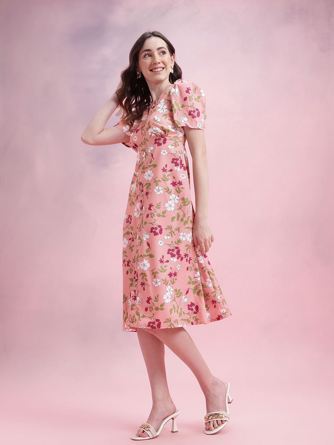 DressBerry Floral Print Puff Sleeves A-Line Midi Dress with Mock Buttons