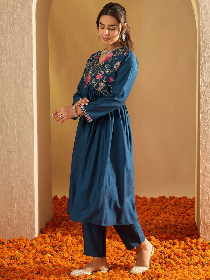 Indo Era Floral Yoke Design Empire A-Line Sequinned Liva Kurta with Trousers