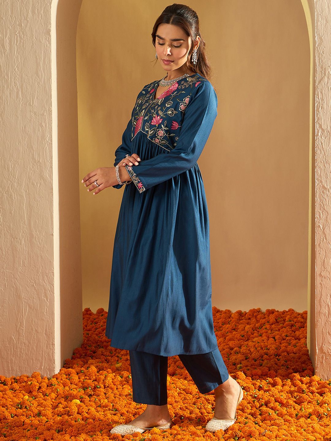 Indo Era Floral Yoke Design Empire A-Line Sequinned Liva Kurta with Trousers