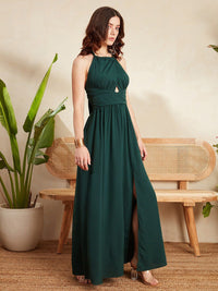 Berrylush Green Halter Neck Cut-Out Detailed Maxi Dress