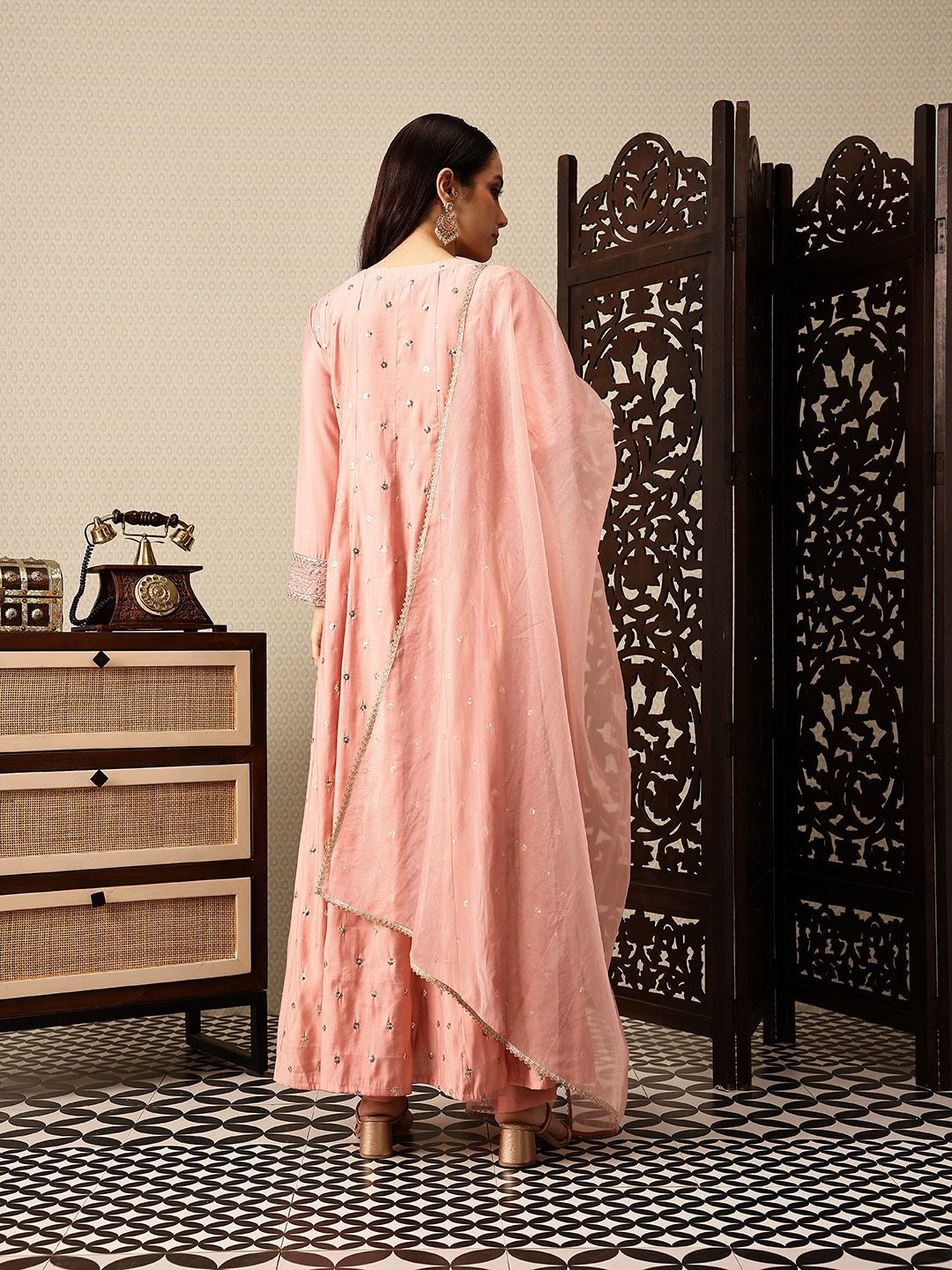 House of Pataudi Floral Sequinned Embellished Jashn A-Line Kurta with Trousers & Dupatta