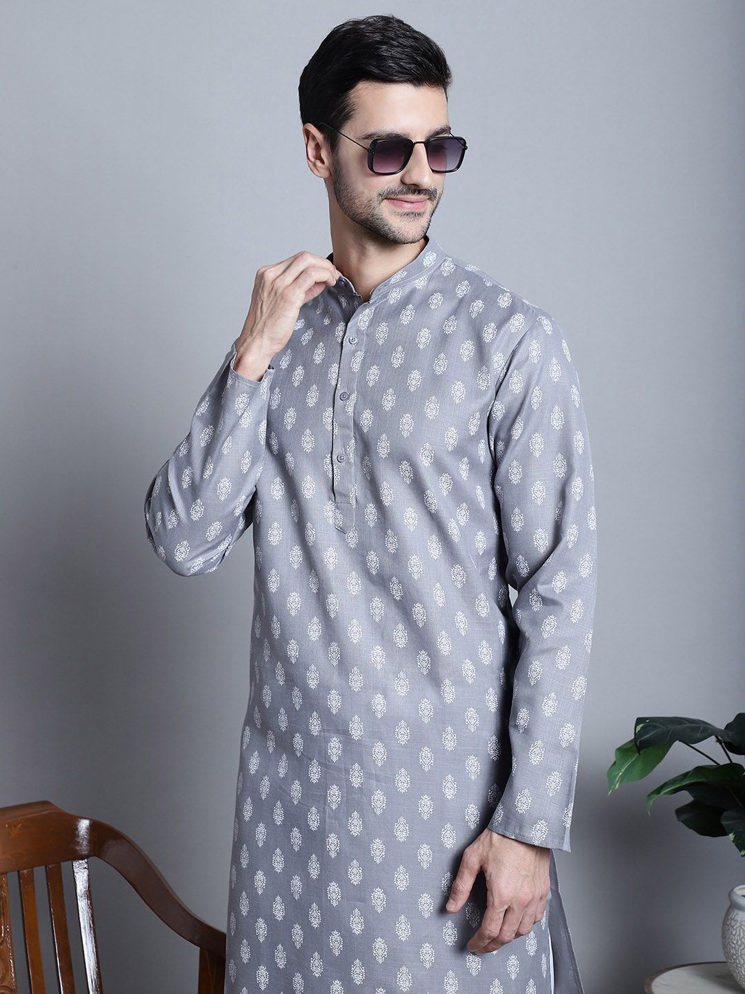 Jompers Ethnic Motifs Printed Band Collar Cotton Kurta