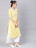 Libas Women Yellow & White Block Print Straight Kurta