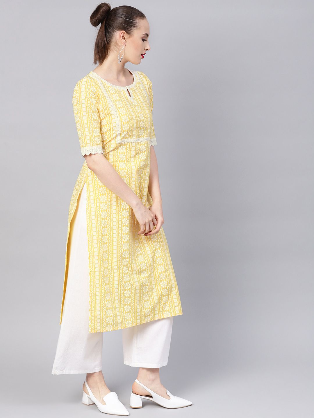 Libas Women Yellow & White Block Print Straight Kurta