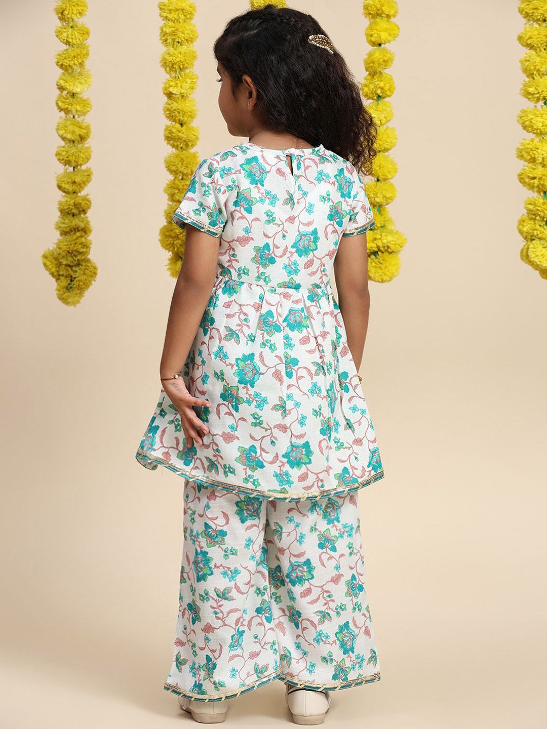 Cutiekins Girls Floral Printed Gotta Patti A-Line Kurti With Palazzos