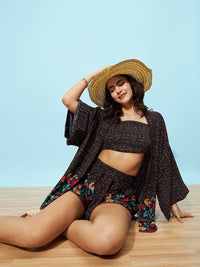 Berrylush Black Printed Top & Shorts With Shrug