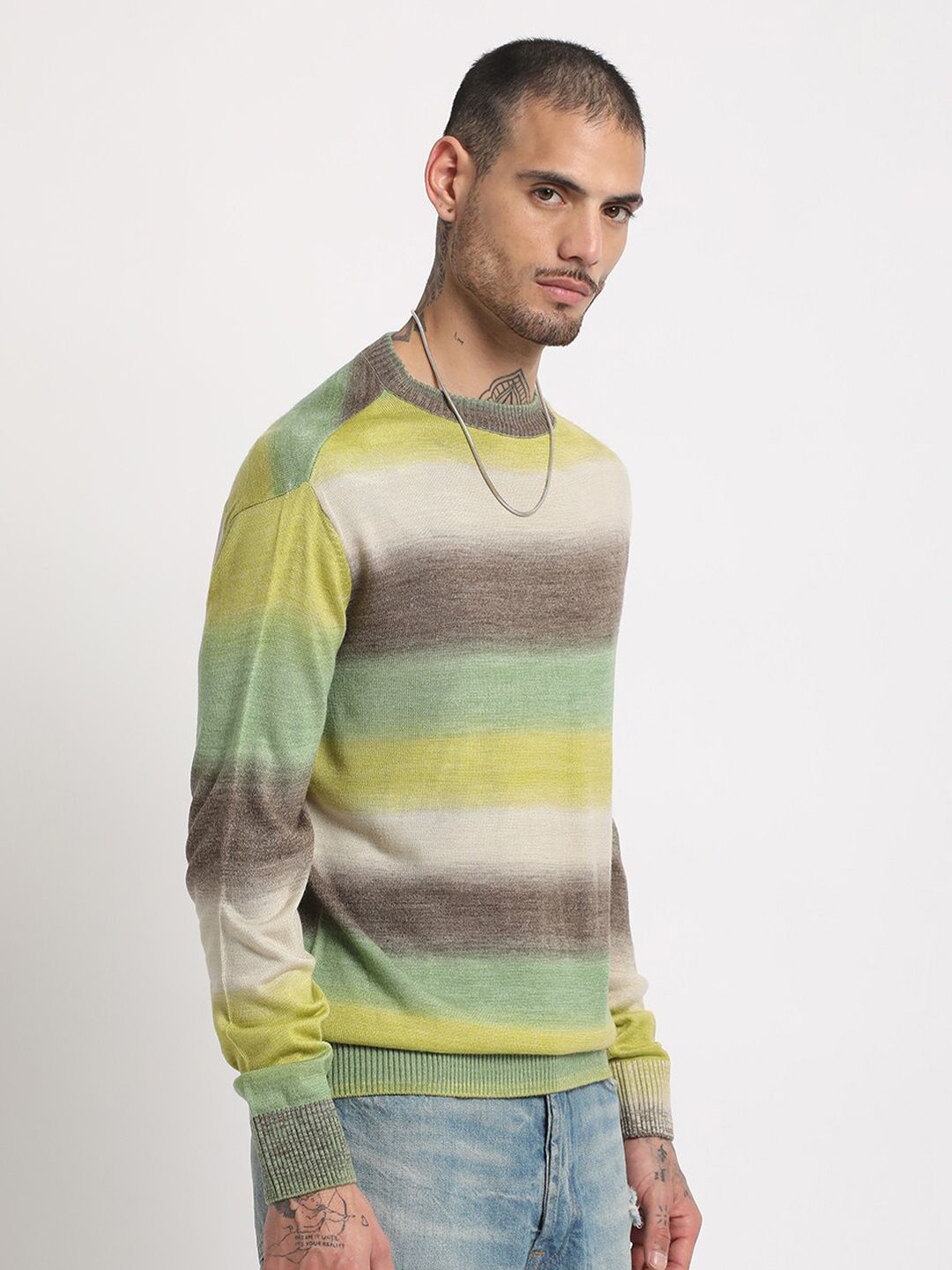 THE BEAR HOUSE Striped Drop-Shoulder Sleeves Acrylic Pullover Sweatshirt