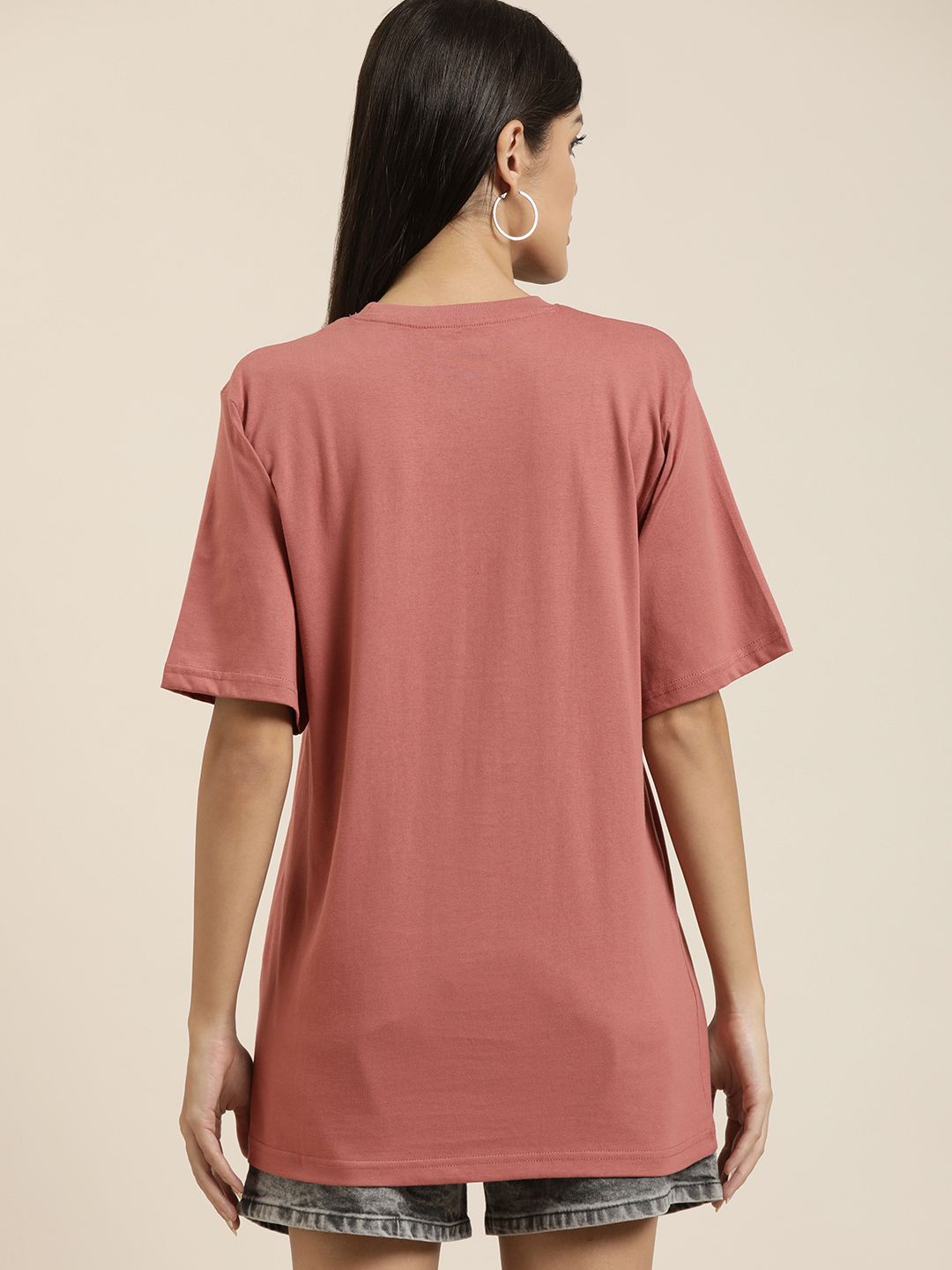 DILLINGER Women Dusty Pink Solid Pure Cotton Oversized T-shirt