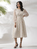 W Polka Dots Print Puff Sleeve Fit & Flare Midi Dress