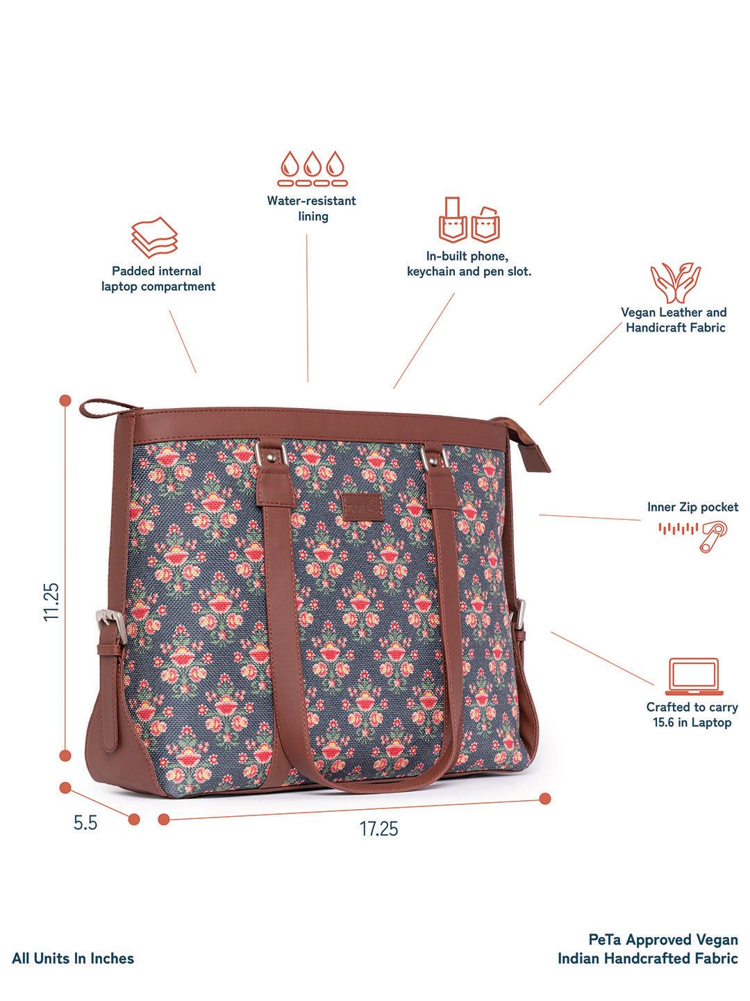 ZOUK Women Navy Blue & Brown Floral Laptop Structured Bag