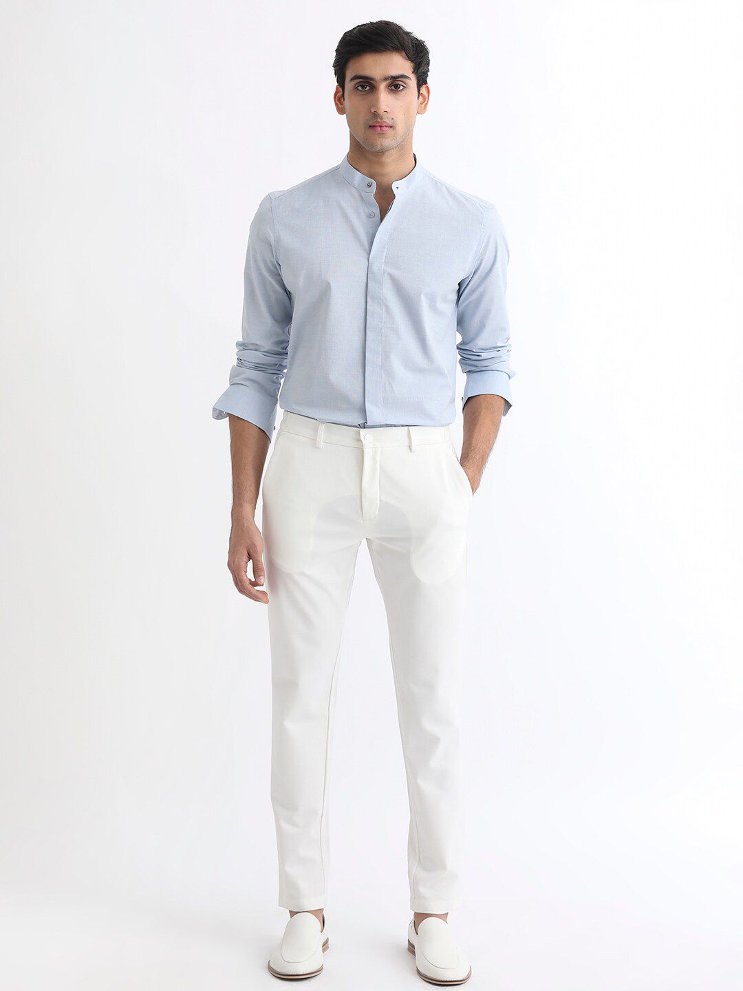 RARE RABBIT Men Cadmi Mandarin Collar Slim Fit Cotton Shirt