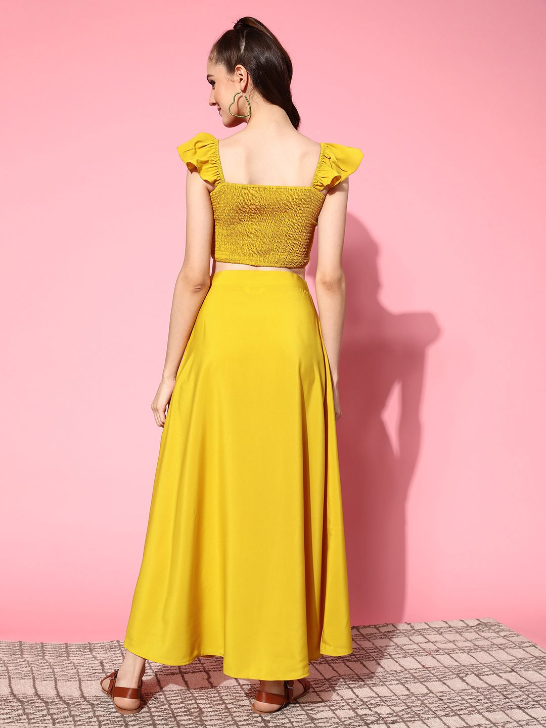 Berrylush Women Gorgeous Yellow Self-Design Top with Solid Skirt