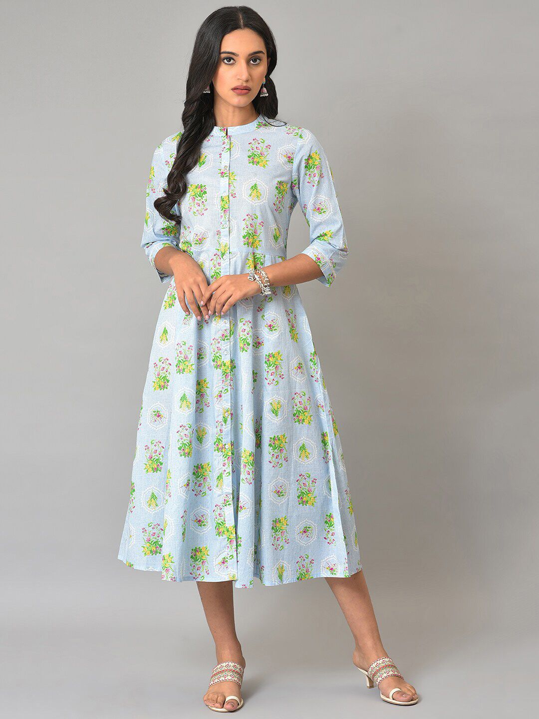 W Floral Printed Mandarin Collar A-Line Pure Cotton Midi Dress
