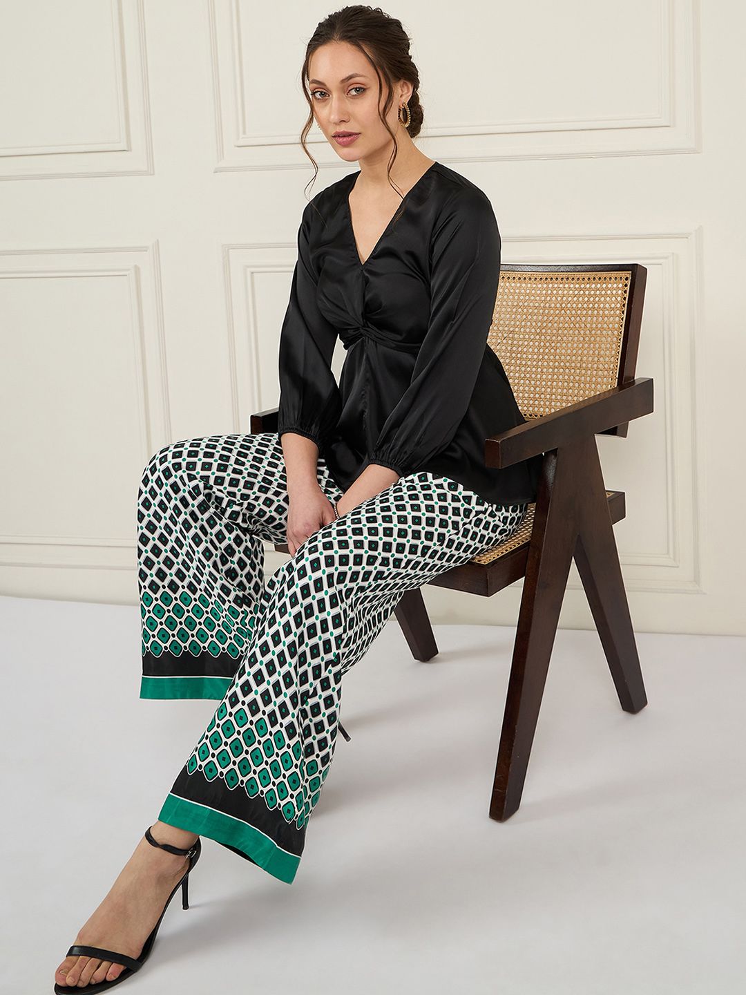 Antheaa Black V-Neck Puff Sleeves Satin Top With Printed Palazzos