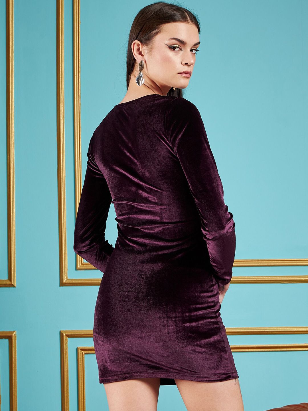 SASSAFRAS Purple Square Neck Gathered Detail Velvet Bodycon Dress