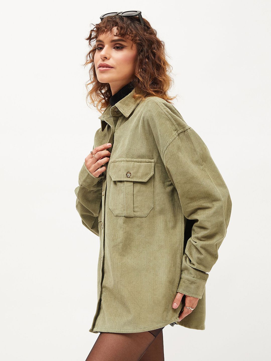 SASSAFRAS Oversized Self Designed Spread Collar Corduroy Pure Cotton Casual Shirt