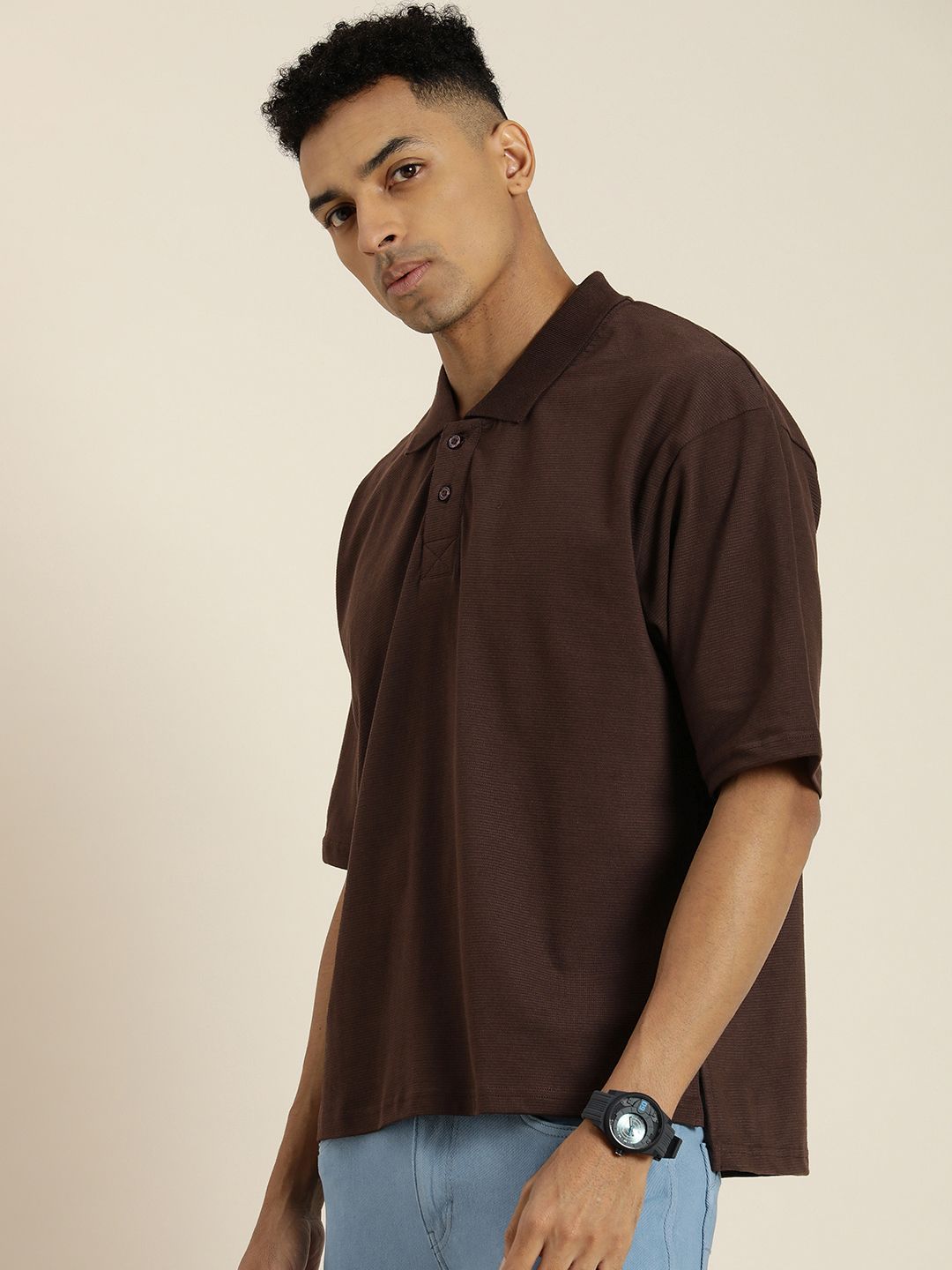 DILLINGER Men Solid Honeycomb Structure Oversized Pure Cotton Polo T-Shirt