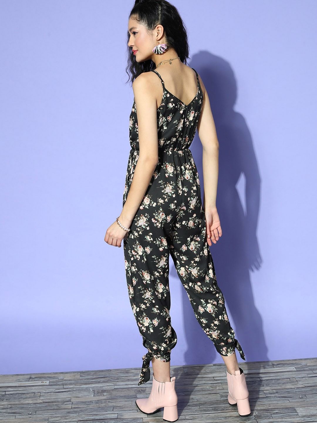 Berrylush Black & Green Printed Cami Jumpsuit