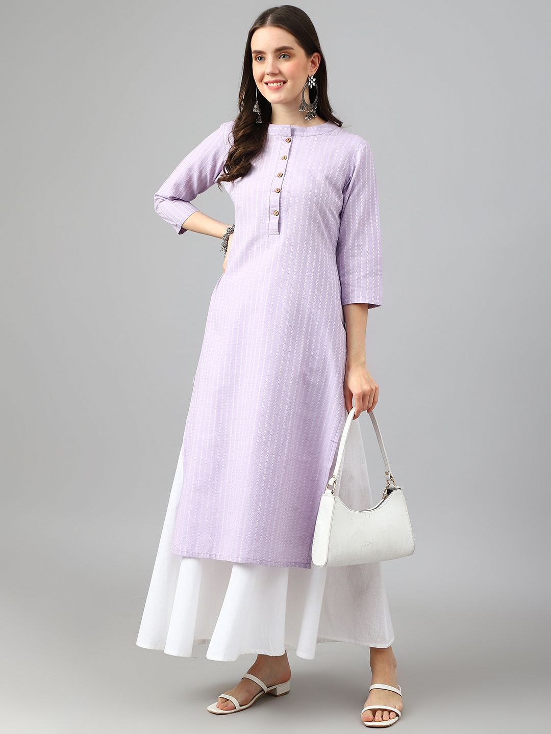 KALINI Striped Mandarin Collar Jacquard Cotton Straight Kurta