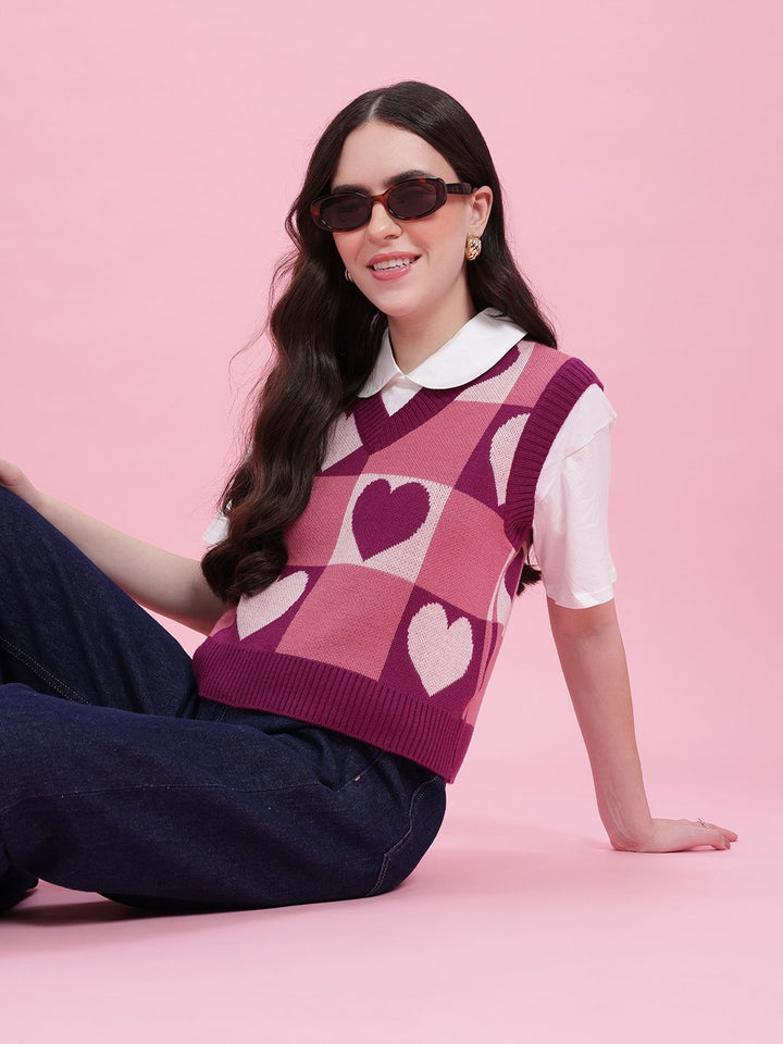 DressBerry Women Conversational Pattern Self Design V-Neck Knitted Pullover