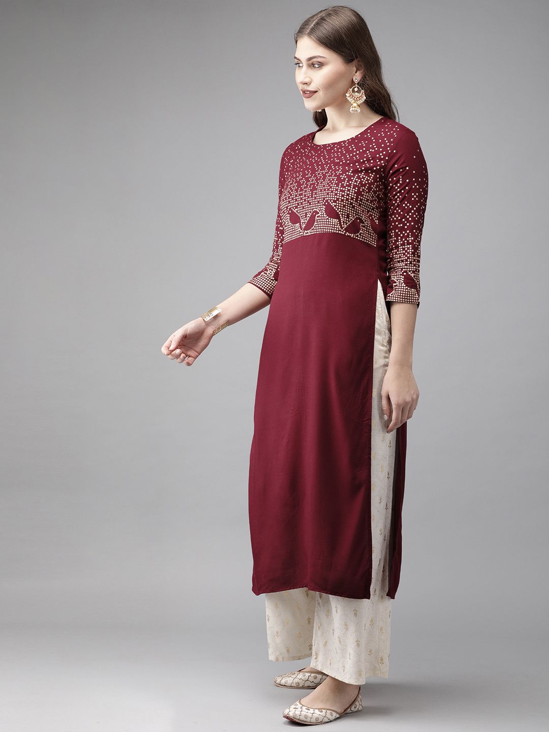 Anouk Women Maroon & Gold-Coloured Printed Straight Kurta