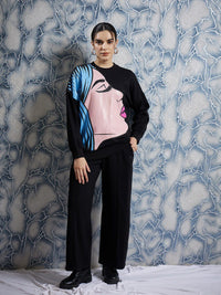 Athena Black Graphic Printed Drop Shoulder Sleeves Fleece Pullover