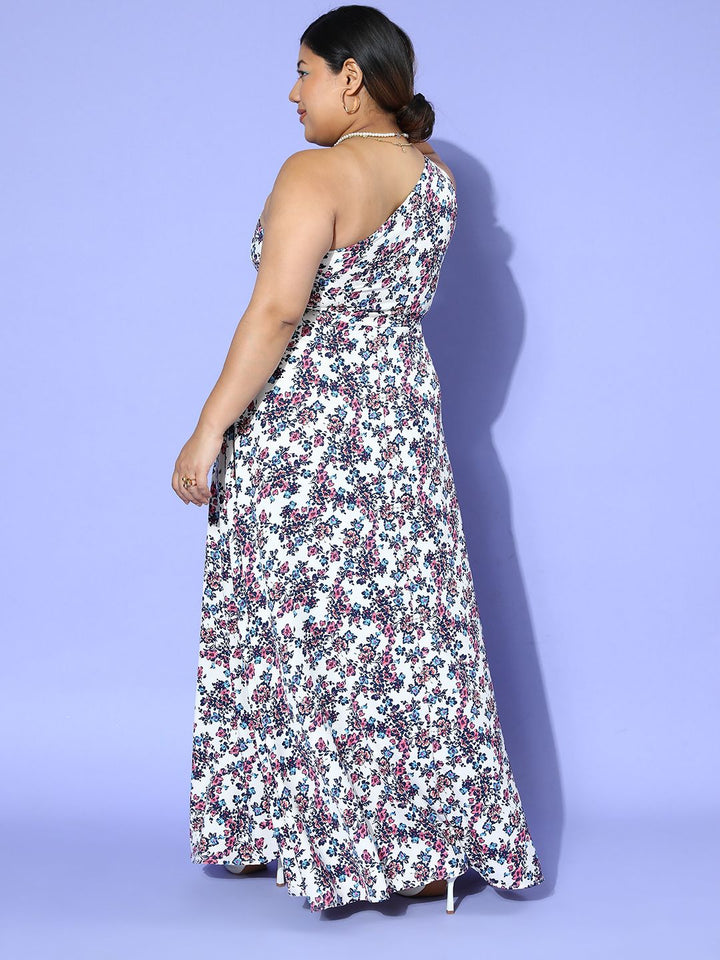 Berrylush Curve Floral Print One Shoulder Crepe Maxi Dress