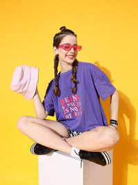 STREET 9 Women Lavender Typography Printed Drop-Shoulder Sleeves Bio Finish Oversized T-shirt