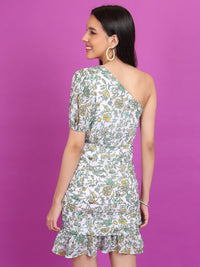 Tokyo Talkies Green & Yellow Floral Printed One Shoulder Gathered Sheath Mini Dress