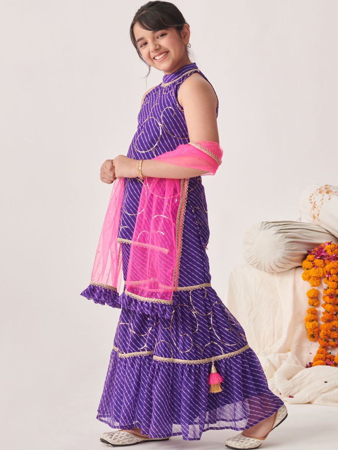 pspeaches Girls Tiered Kurta with Sharara & With Dupatta