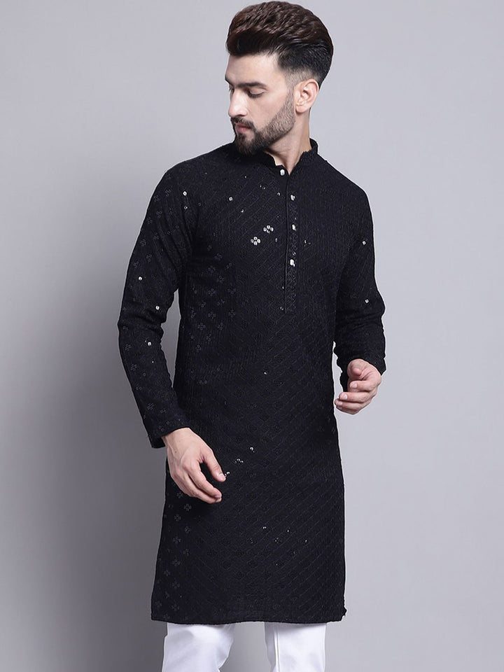 SOJANYA Embellished Mandarin Collar Sequinned Pure Cotton Kurta