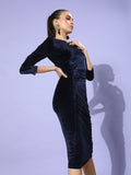 STREET 9 Women Navy Blue Solid Velvet Dress
