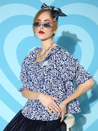 Antheaa Women Stunning Blue Floral Ruffled Top