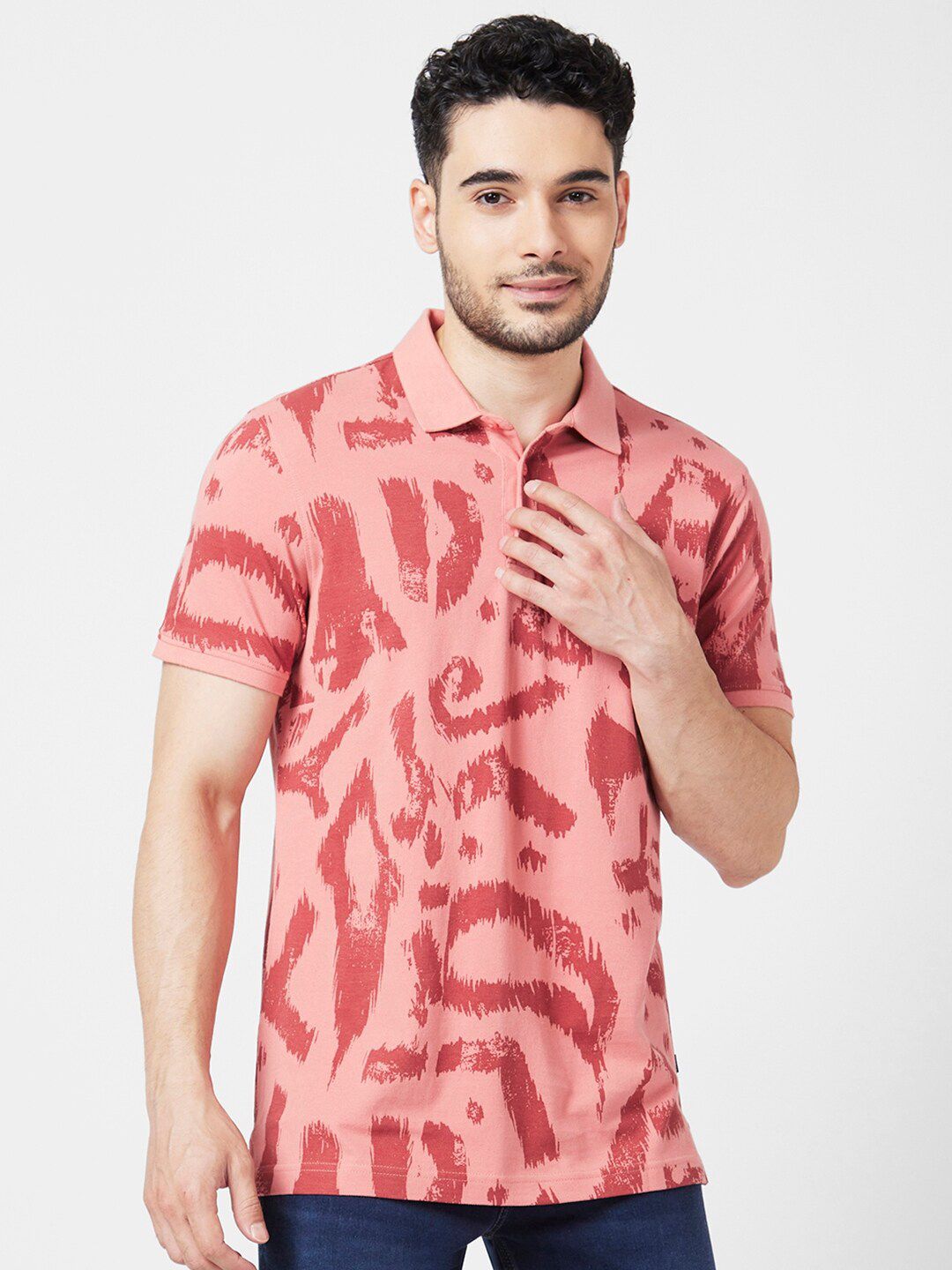 SPYKAR Abstract Printed Polo Collar Slim Fit Cotton Casual T-Shirt
