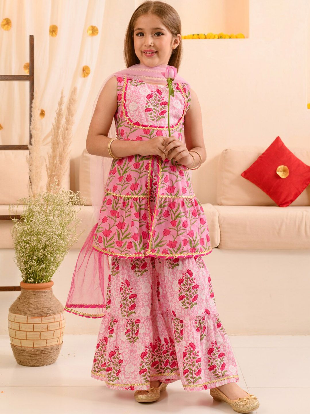 pspeaches Girls Floral Printed Gotta Patti Pure Cotton Kurta With Sharara & Dupatta