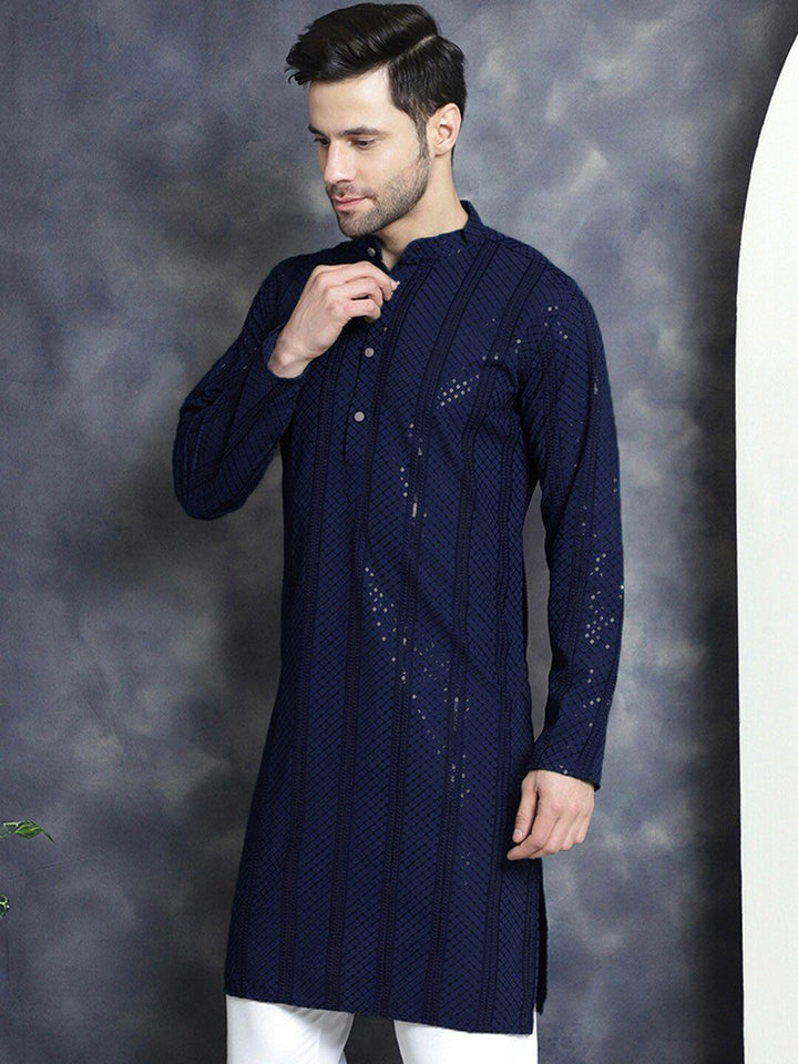 Jompers Geometric Embroidered Chikankari Mandarin Collar Straight Kurta