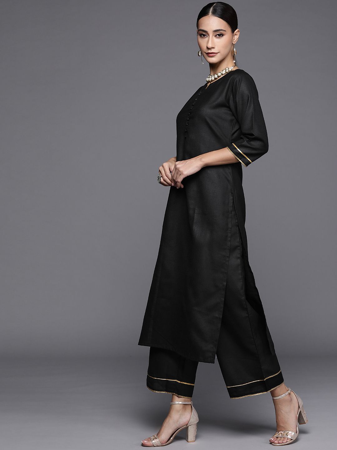 Libas Women Black Pure Cotton Kurta with Palazzos & With Dupatta