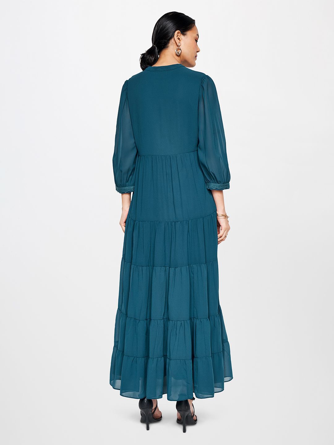 AND Mandarin Collar Puff Sleeves Maxi Fit and Flare Dress