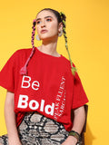 STREET 9 Women Red Printed Cotton Drop-Shoulder Sleeves Bio Finish T-shirt